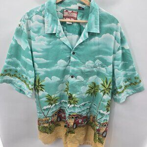 Vintage RJC Hawaiian Aloha Shirt Woody Cars Palms 100% Cotton Button Down 2xl